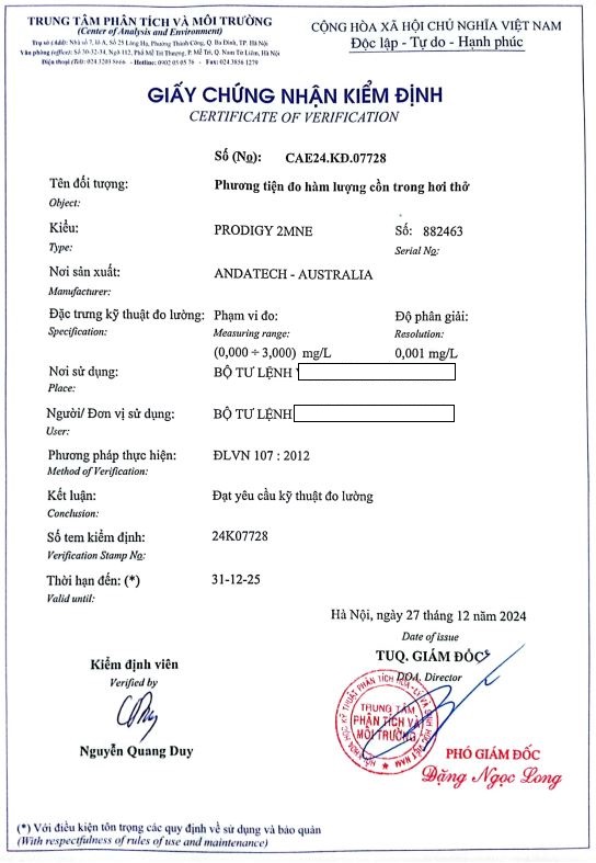 Giấy chứng nhận kiểm định máy đo nồng độ cồn Andatech