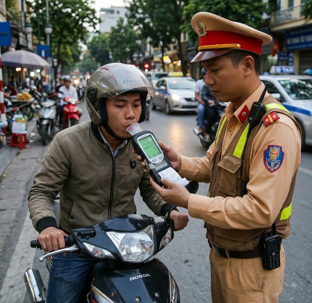 Cảnh sát giao thông kiểm tra nồng độ của người tham gia giao thông